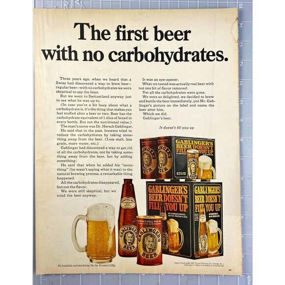Gablinger's Beer "The First Beer with no Carbohydrates." Vintage Print Ad 1967 - Picture 1 of 3